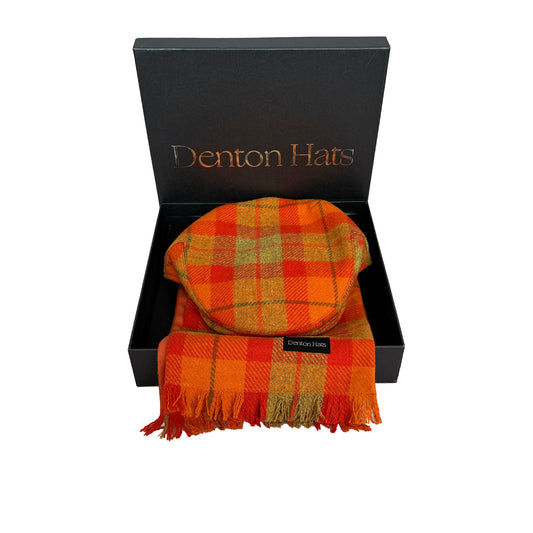 Men’s Orange Flat Cap & Tweed Scarf Boxed Gift Set
