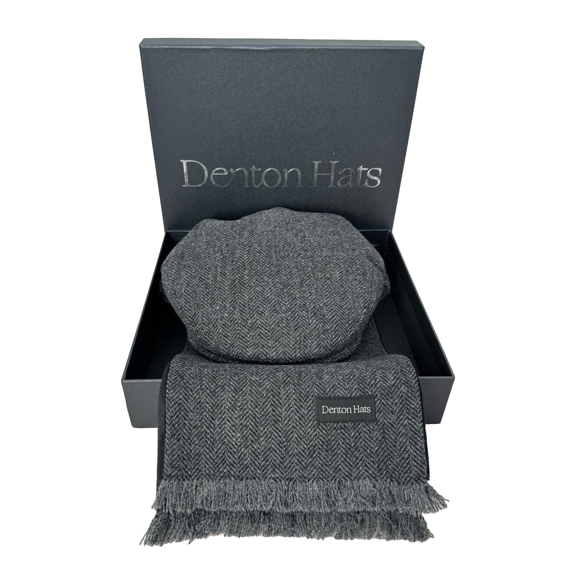 Men’s Textured Black Flat Cap & Tweed Scarf Boxed Gift Set