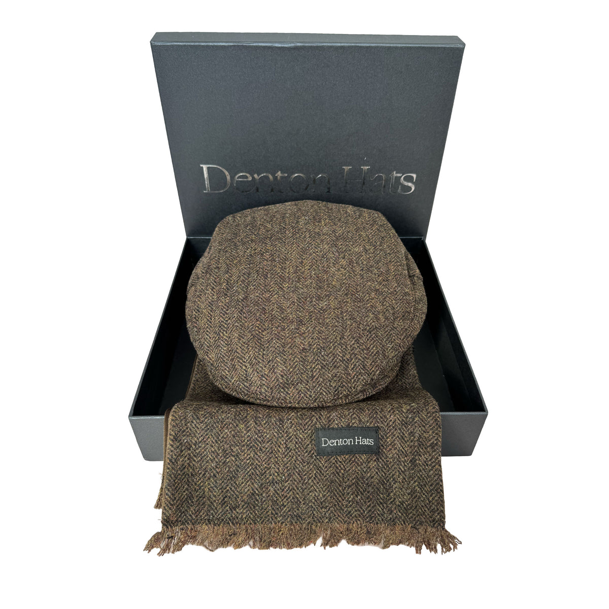 Men’s Textured Brown Flat Cap & Tweed Scarf Boxed Gift Set