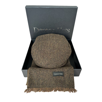 Men’s Textured Brown Flat Cap & Tweed Scarf Boxed Gift Set
