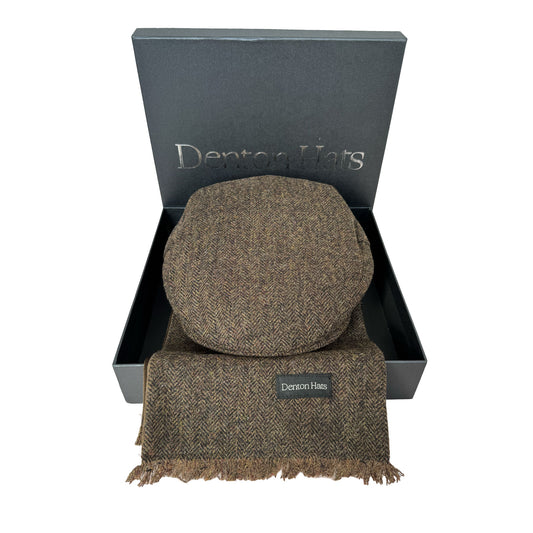 Men’s Textured Brown Flat Cap & Tweed Scarf Boxed Gift Set